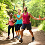 **Prompt:** A diverse group of people joyfully participating in an outdoor recreational activity led by a qualified instructor. Focus on elements of nature, teamwork, and fun, showcasing the benefits of active leisure. Style: vibrant, action-oriented, with a focus on capturing the energy of the participants and the beauty of the natural environment.