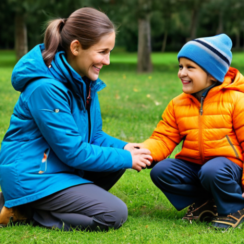 Home 10 Interpersonal Communication Skill**
"A friendly, approachable leisure activity leader, fully clothed in appropriate outdoor activity attire (hiking boots, comfortable pants, and a practical jacket), kneeling to speak with a child in a park setting. The child is smiling and engaged. Perfect anatomy, correct proportions, natural pose, well-formed hands, proper finger count. Bright, natural lighting. Safe for work, appropriate content, modest, family-friendly."
**