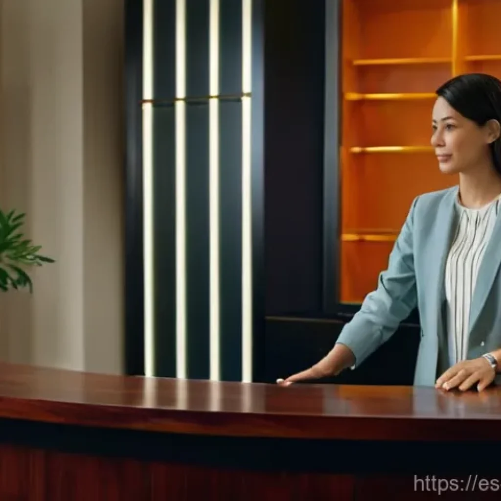 레저산업 실무 중 고객과의 소통 방법 - **Prompt:** "A warm, inviting scene inside a sophisticated boutique hotel reception area. A female h...