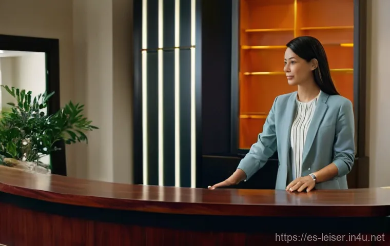 레저산업 실무 중 고객과의 소통 방법 - **Prompt:** "A warm, inviting scene inside a sophisticated boutique hotel reception area. A female h...