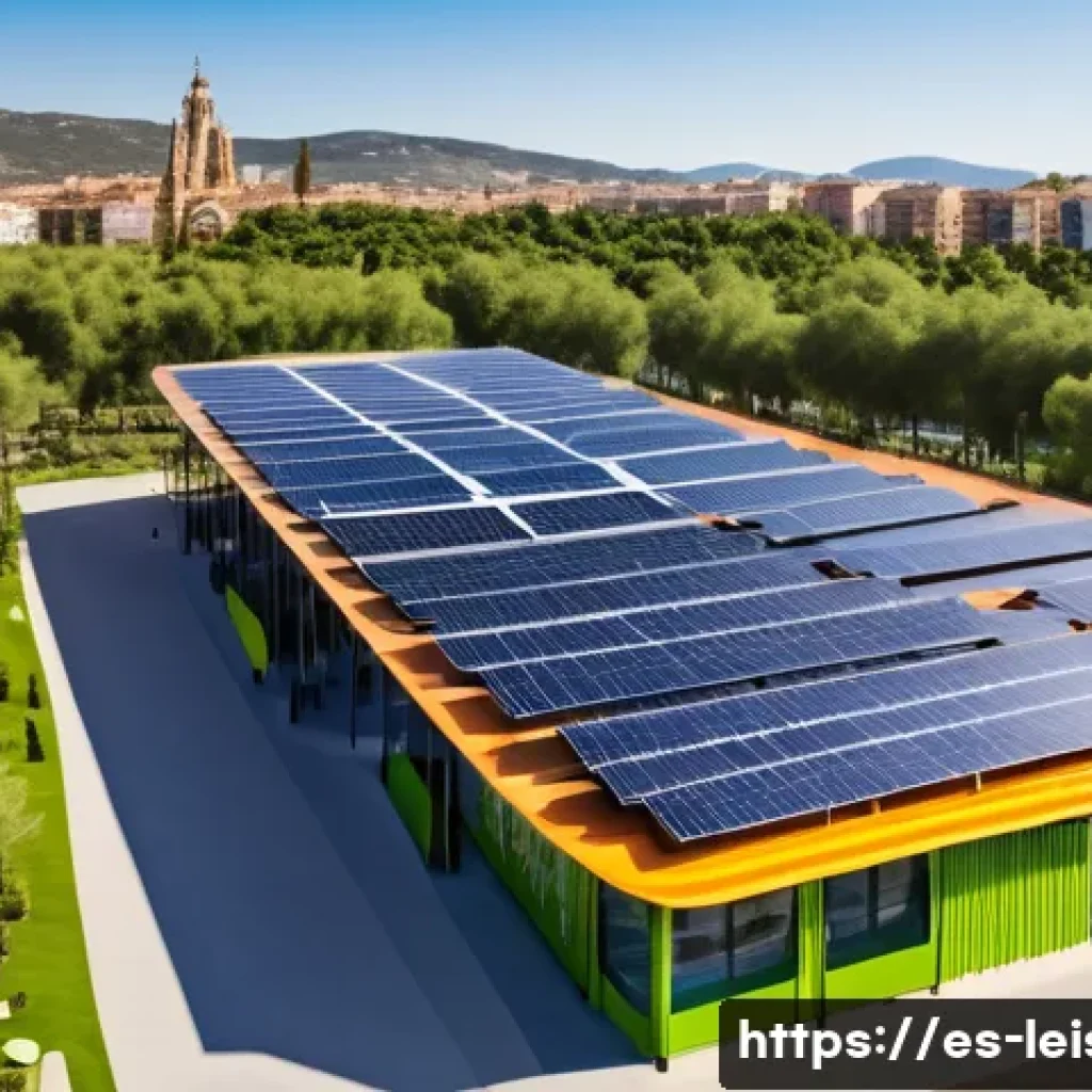 레저산업 실무와 지속 가능한 발전 - A vibrant eco-friendly theme park in Spain during a sunny day, featuring solar panels on all buildin...