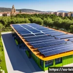 레저산업 실무와 지속 가능한 발전 - A vibrant eco-friendly theme park in Spain during a sunny day, featuring solar panels on all buildin...