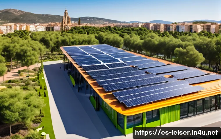 레저산업 실무와 지속 가능한 발전 - A vibrant eco-friendly theme park in Spain during a sunny day, featuring solar panels on all buildin...