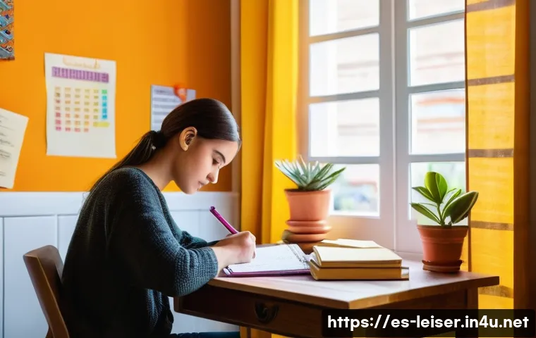 레저산업기사 합격 후기와 팁 - A focused young adult student sitting at a tidy wooden desk in a bright, cozy study room decorated w...