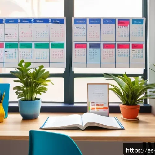 레저산업기사 자격증 합격을 위한 플래너 - A bright, organized study room designed for a Spanish-speaking student, featuring a wooden desk with...