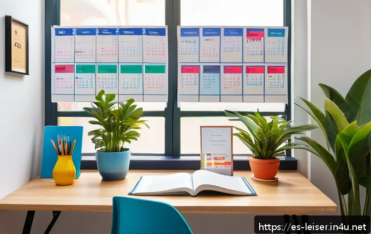 레저산업기사 자격증 합격을 위한 플래너 - A bright, organized study room designed for a Spanish-speaking student, featuring a wooden desk with...