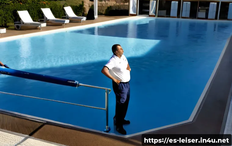 레저산업기사 실무에서의 문제 해결 사례 - Photorealistic Spanish coastal resort operations team solving a poolside safety issue, a leisure fac...