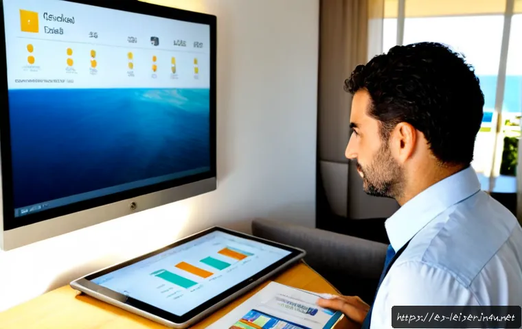 레저산업 실무에서 데이터 분석 활용 - Photorealistic leisure resort operations manager in a modern coastal hotel office in Spain, studying...
